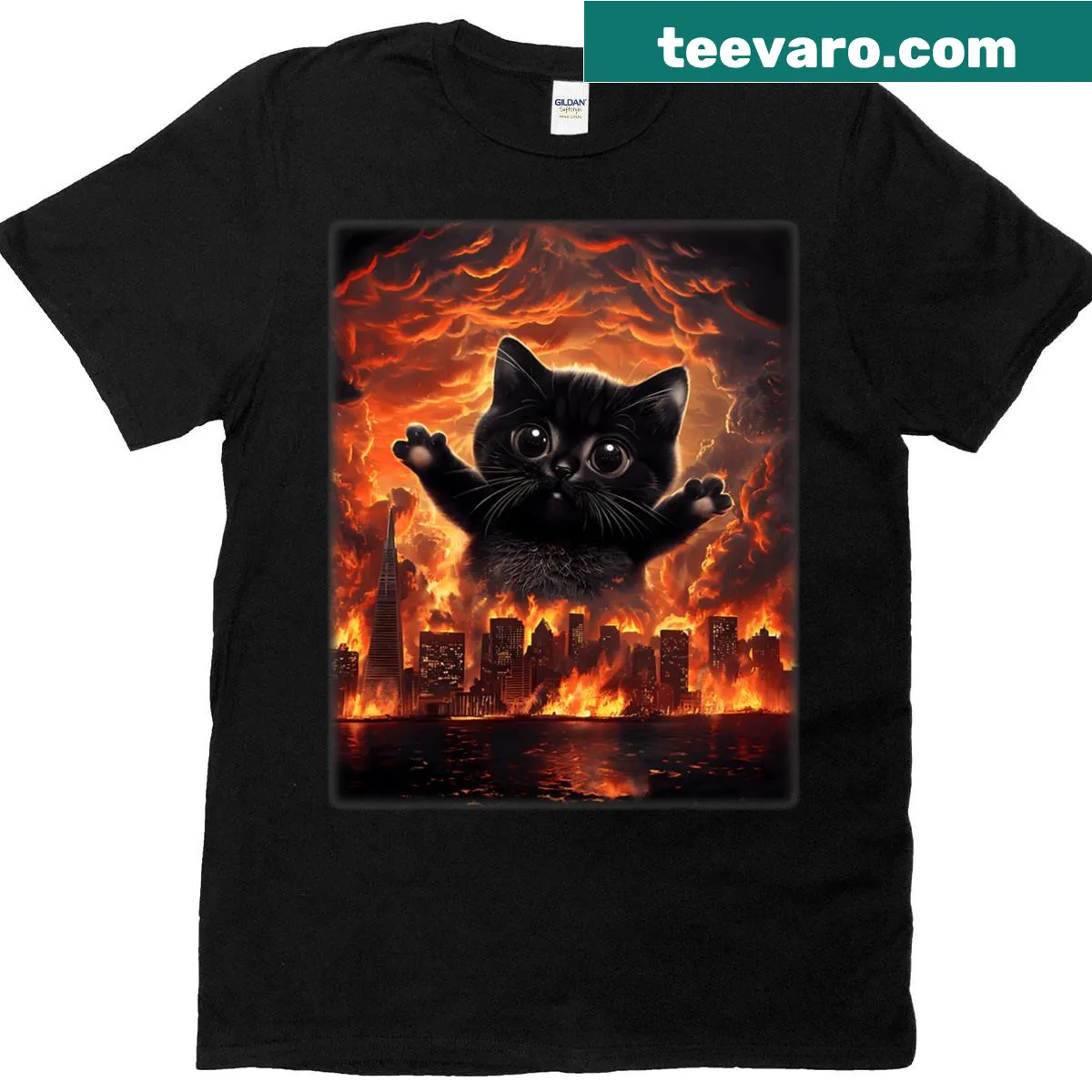 Anime-style graphic t-shirt featuring a funny Catzilla cat illustration — on a men's t-shirt
