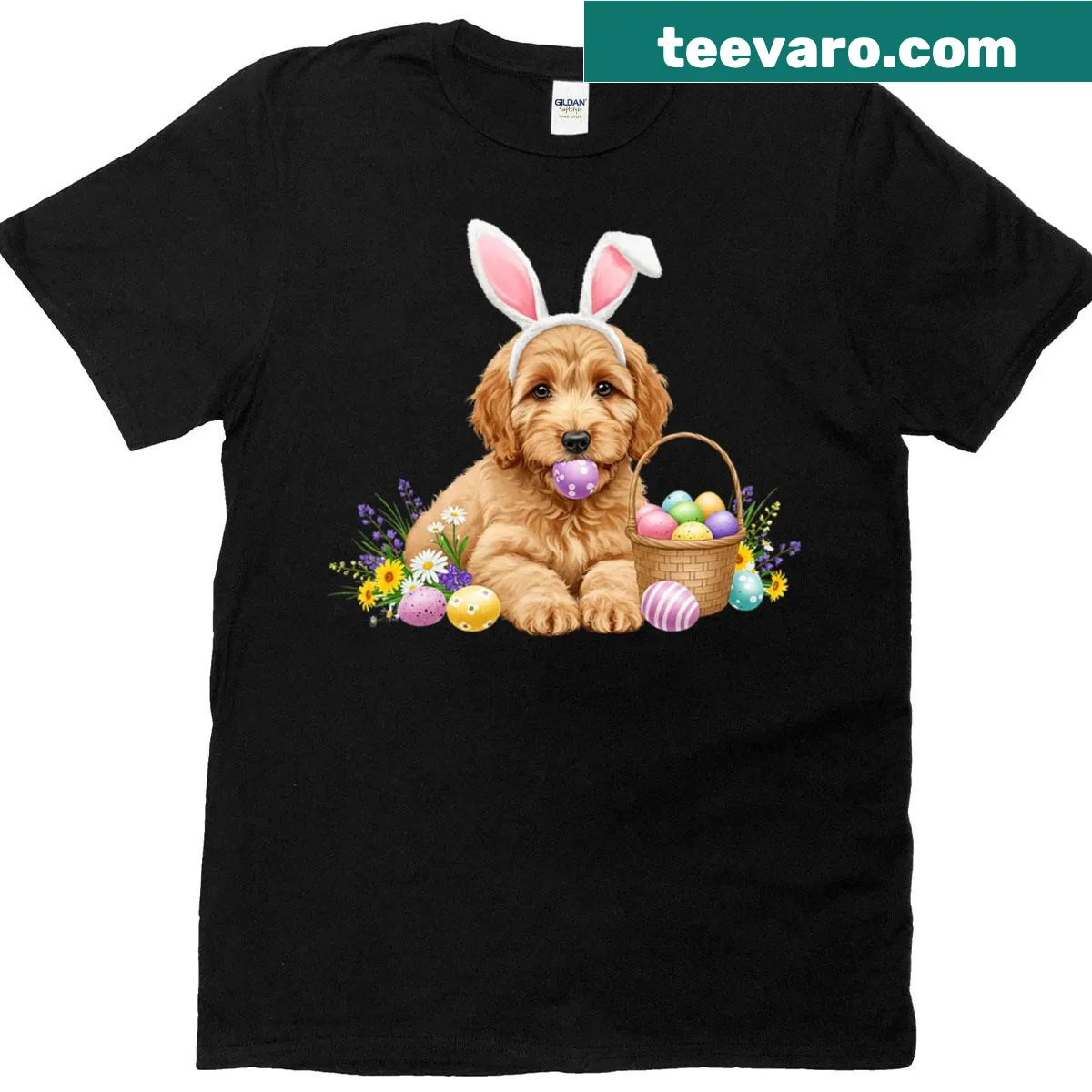 Easter-themed t-shirt featuring a Goldendoodle with eggs and wildflowers — on a men's t-shirt