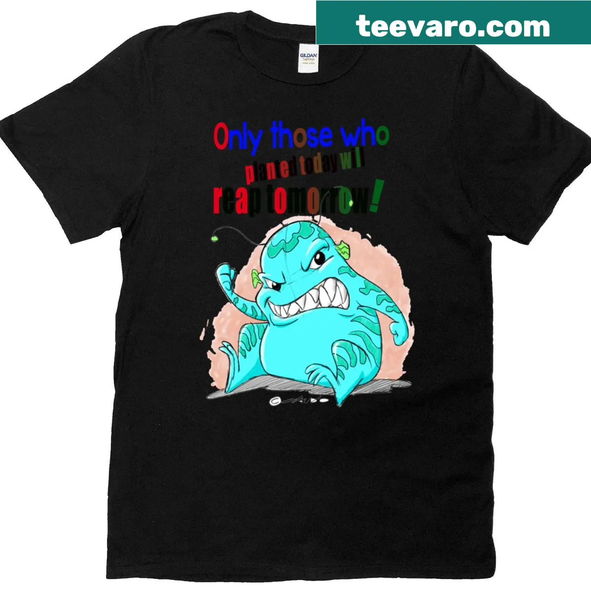 Playful graphic featuring cute little monsters — on a men's t-shirt