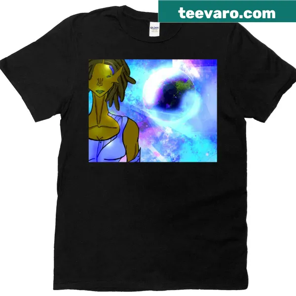 Illustrative T-shirt featuring a cybergirl in a space environment.