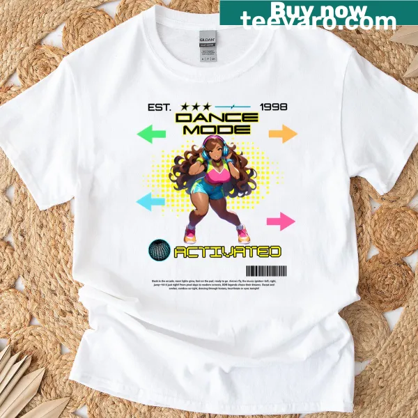 Retro arcade-inspired T-shirt with 'Dance Mode Activated' graphic.