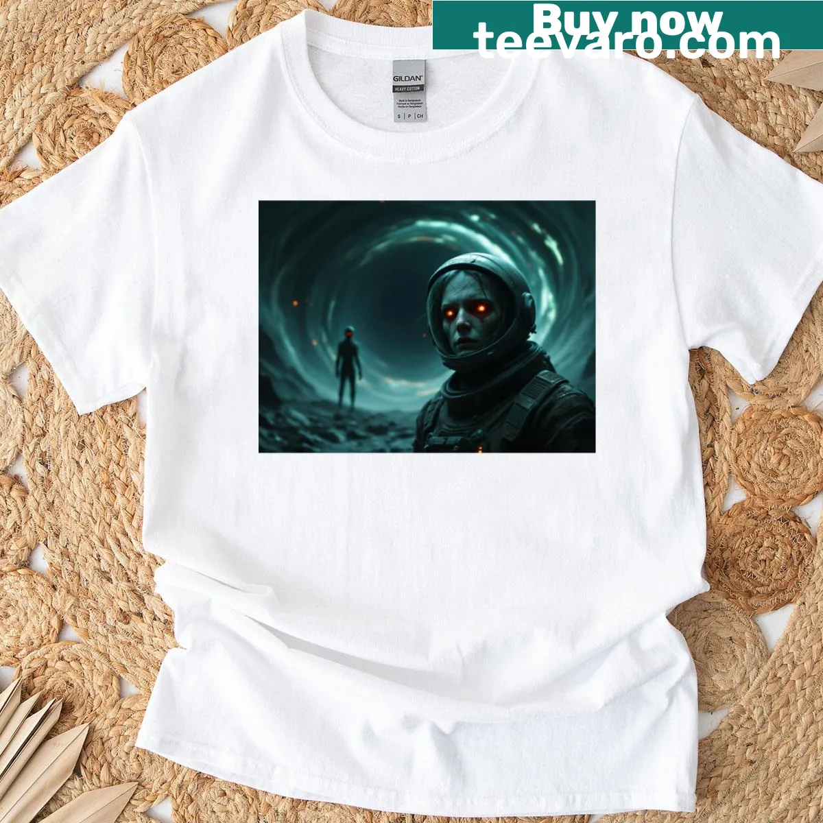 Astronaut graphic T-shirt with dark sci-fi horror theme — on a men's t-shirt