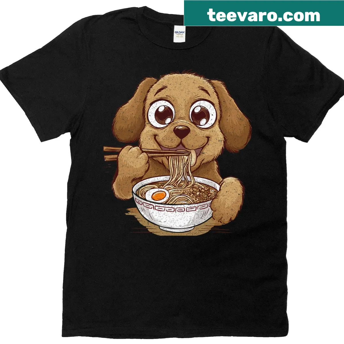 Kawaii dog ramen graphic tee featuring a cartoon dog and ramen bowl — on a men's t-shirt
