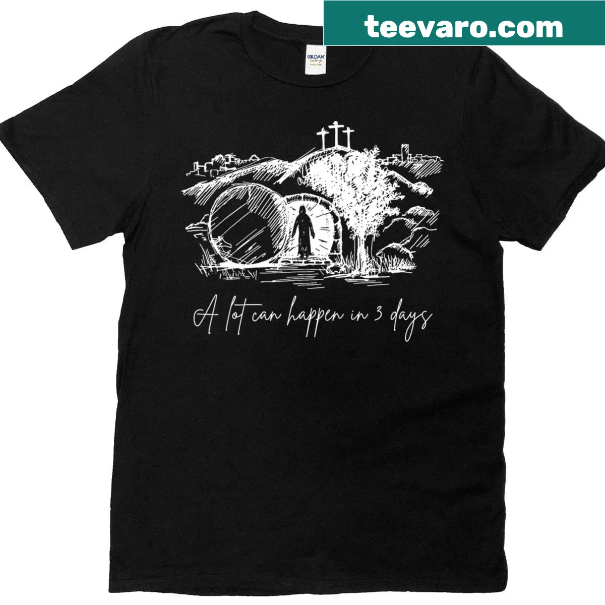 Inspirational Easter T-shirt with the text 'A Lot Can Happen In 3 Days' — on a men's t-shirt