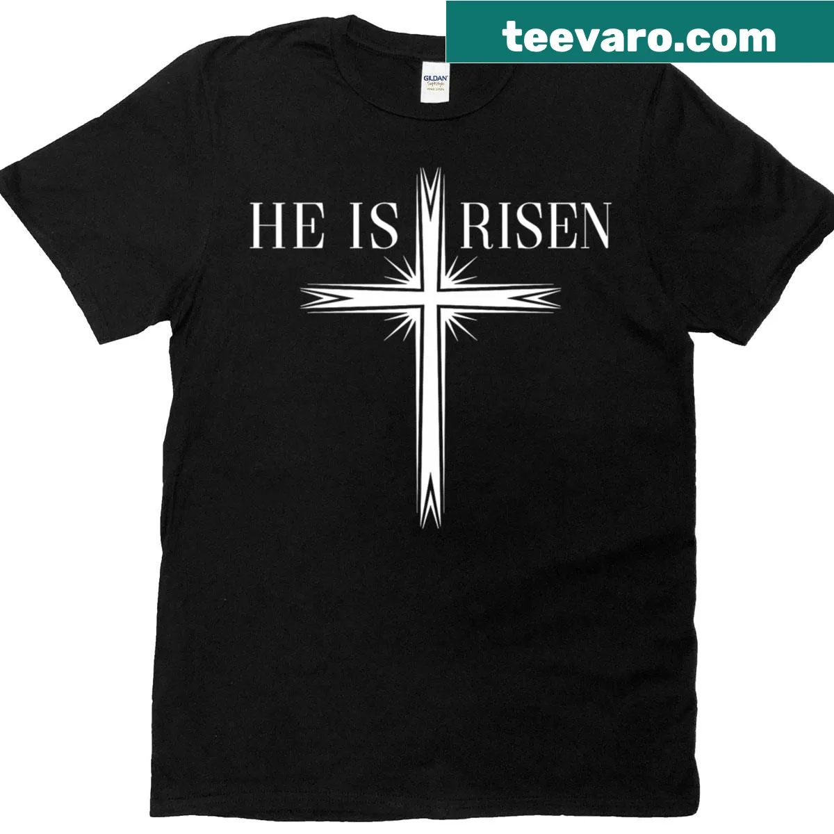 Easter T-shirt with a cross design and the message 'He Is Risen.' — on a men's t-shirt