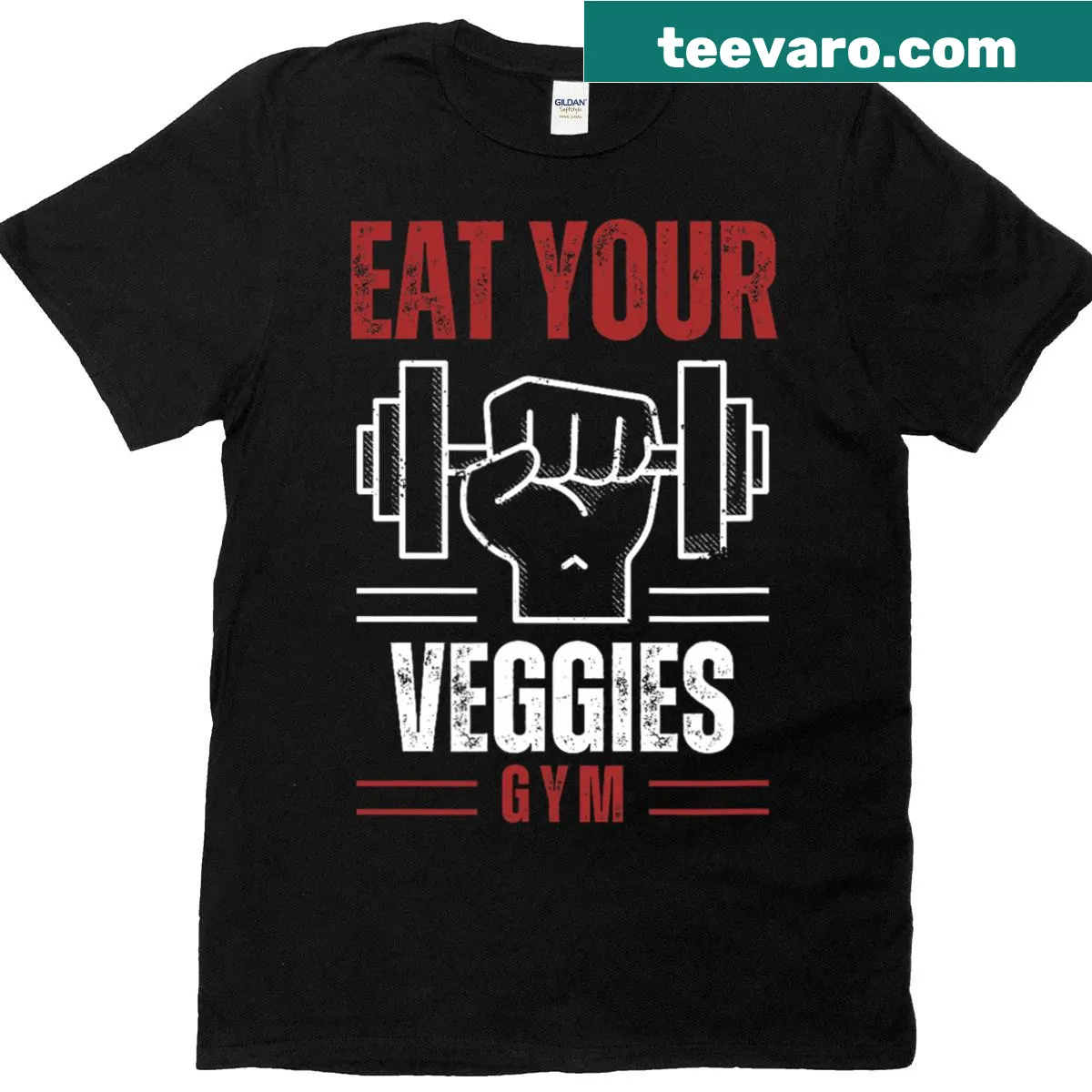 Motivational t-shirt with 'Eat Your Veggies' slogan for workout enthusiasts — on a men's t-shirt