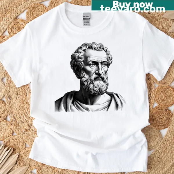 Stylized portrait of Euclid representing mathematical clarity on a T-shirt