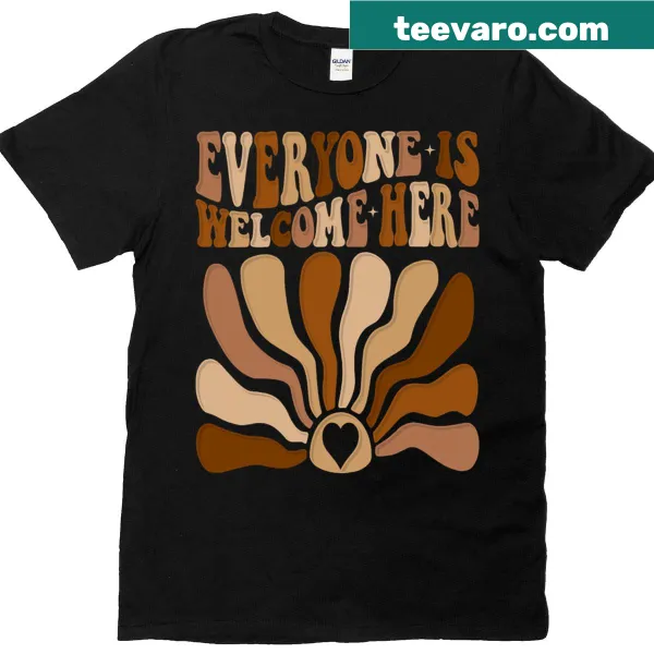 T-shirt with the message Everyone Is Welcome Here and floral rainbow design