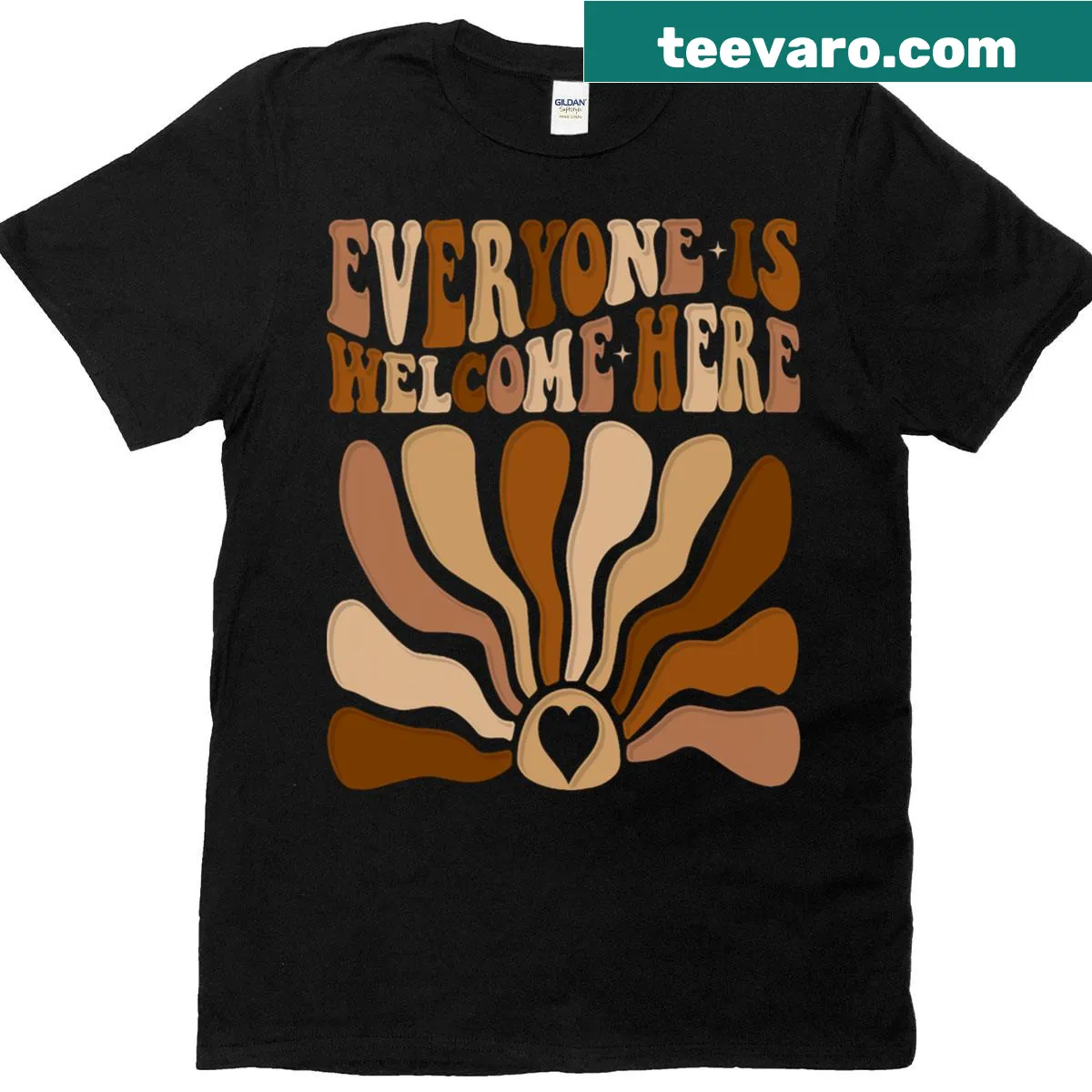 T-shirt with the message Everyone Is Welcome Here and floral rainbow design — on a men's t-shirt