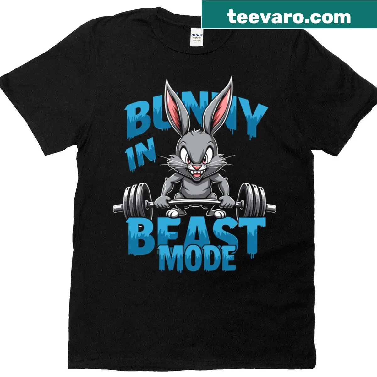 Playful fitness bunny design on a gym workout T-shirt — on a men's t-shirt
