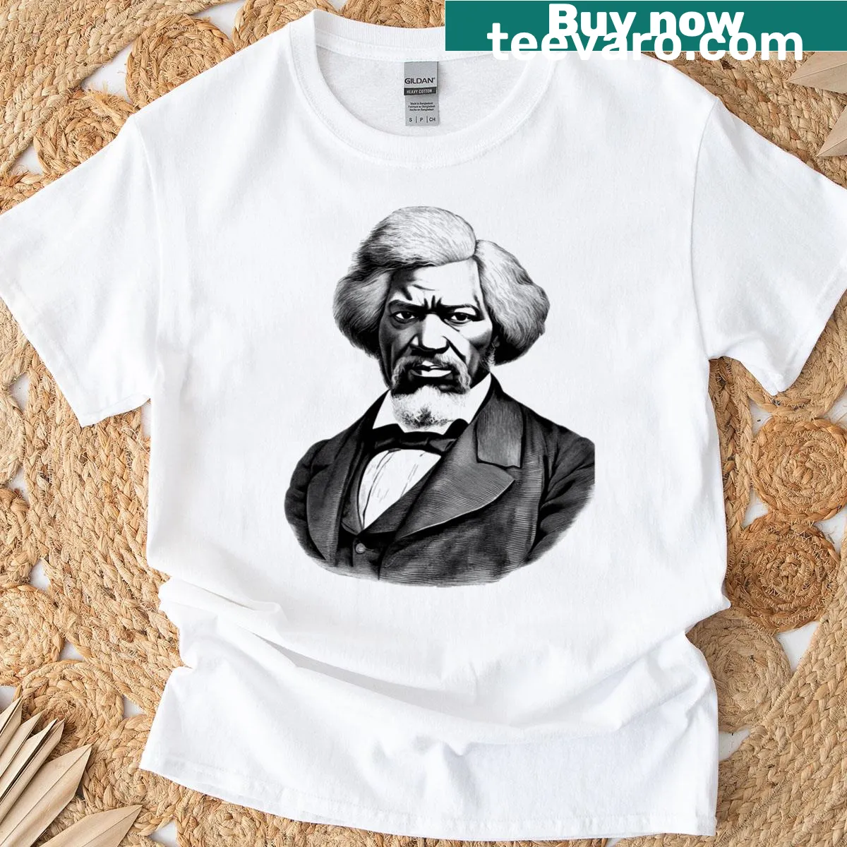 T-shirt featuring a powerful portrait of Frederick Douglass in an artistic style. — on a men's t-shirt