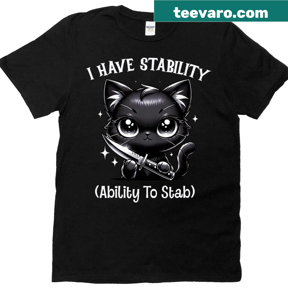 Humorous black cat t-shirt with text about stability and stabbing — on a men's t-shirt