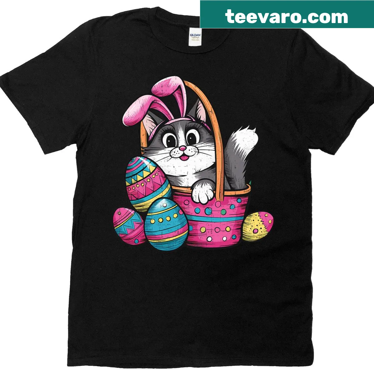 Cute cat with bunny ears and Easter eggs graphic on a T-shirt — on a men's t-shirt