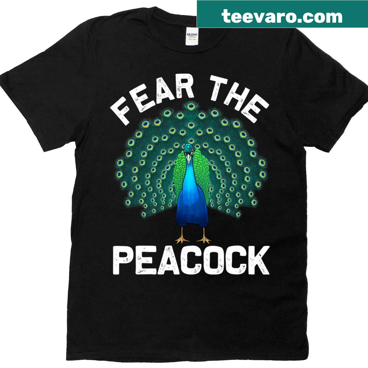 Humorous peacock art T-shirt design featuring feathers — on a men's t-shirt