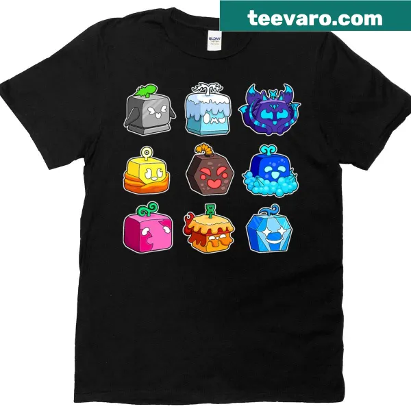 Cartoonish Blox fruit with ice and cloud design on T-shirt