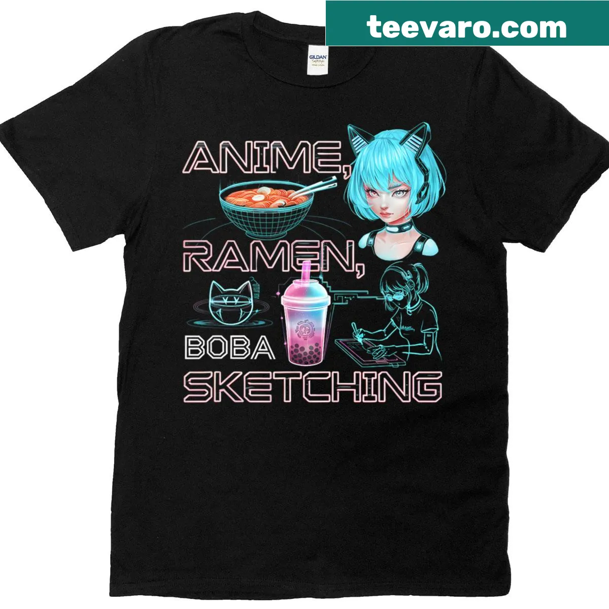 Kawaii ramen and boba sketch on a T-shirt — on a men's t-shirt