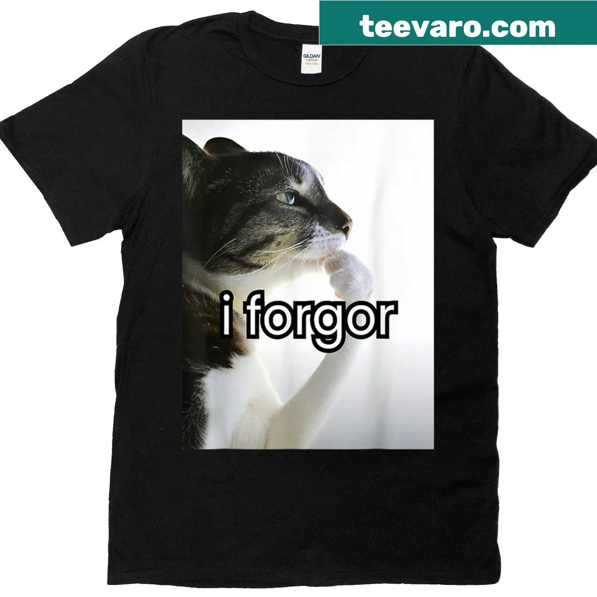T-shirt featuring a silly cat and meme phrase 'I Forgor' — on a men's t-shirt