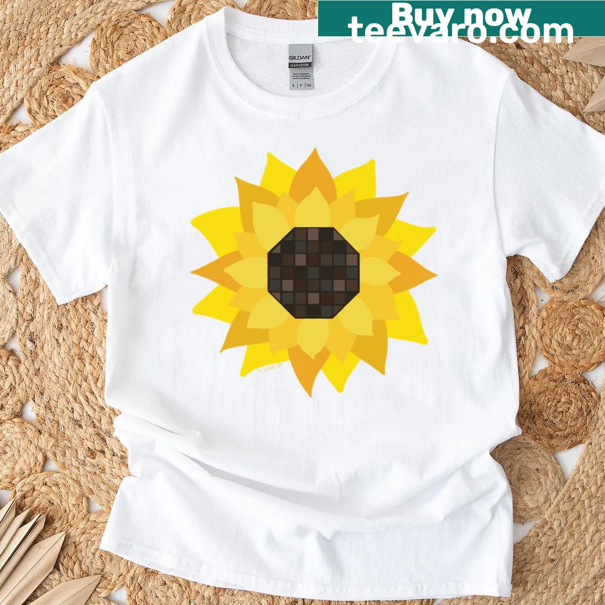 Floral t-shirt featuring a giant sunflower illustration — on a men's t-shirt
