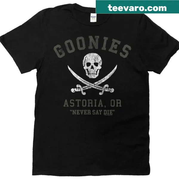 Skull graphic tee with 'Goonies Never Say Die' text
