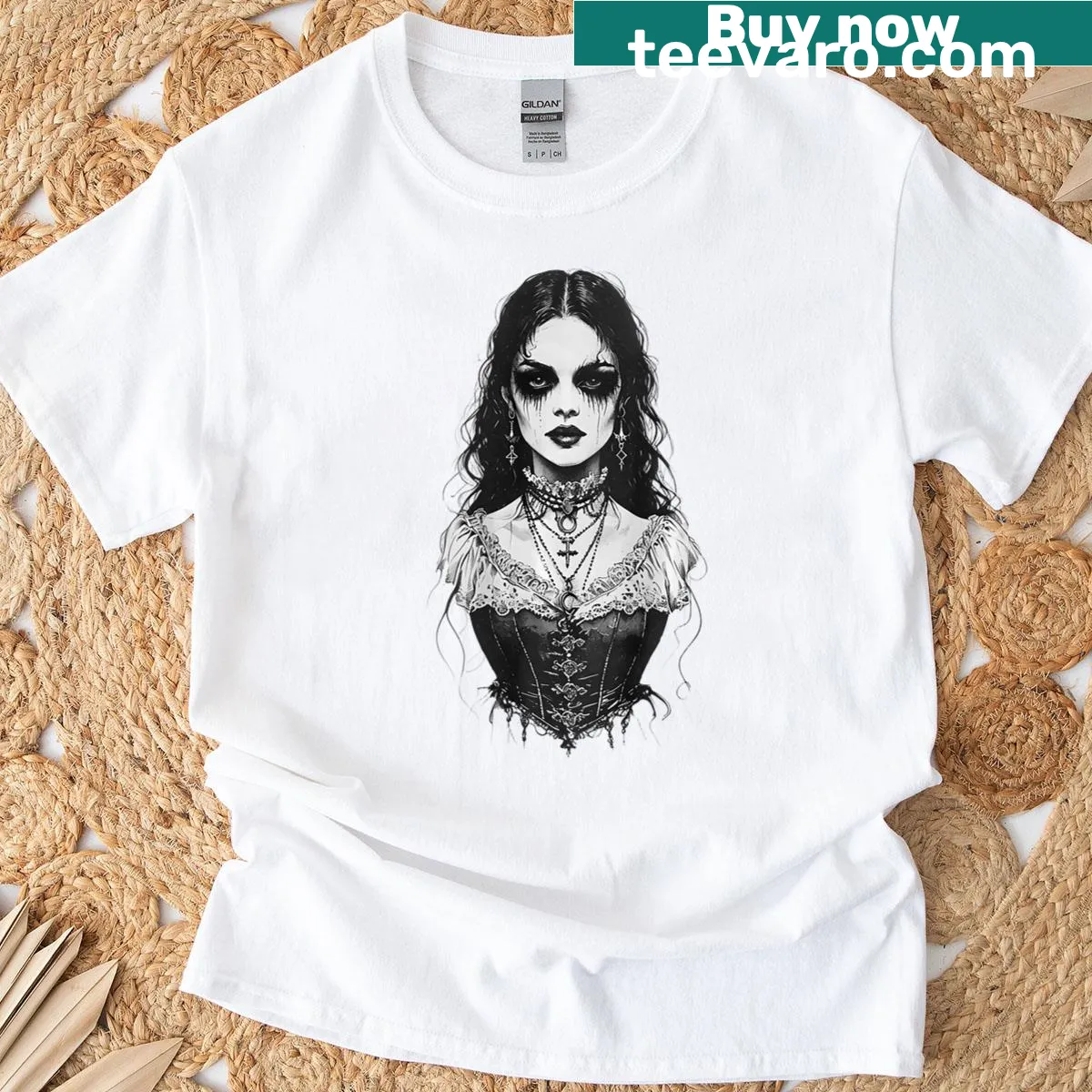 Gothic girl artwork tee with movie and book themes — on a men's t-shirt