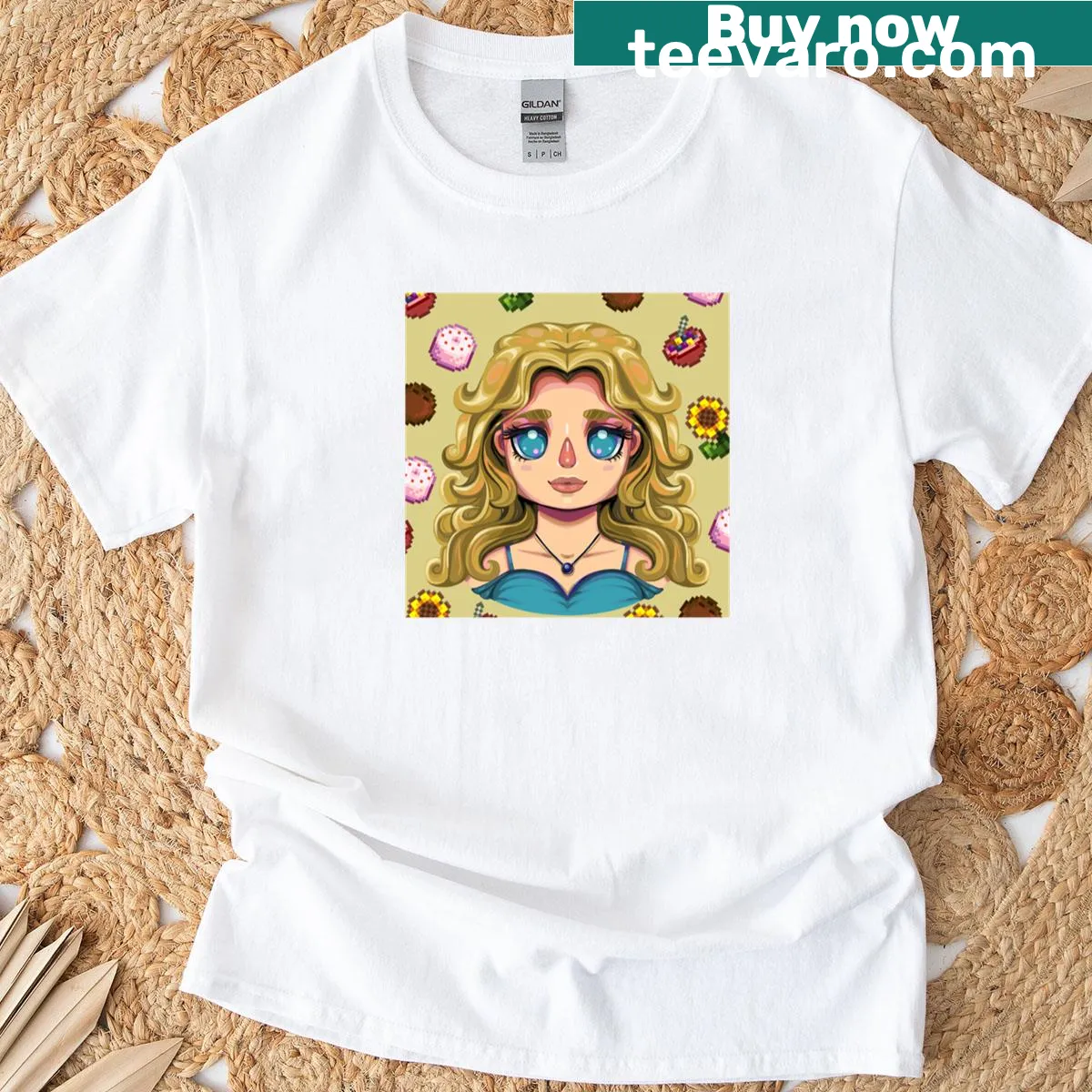 Chibi Haley from Stardew Valley T-shirt with her favorite gifts illustration — on a men's t-shirt