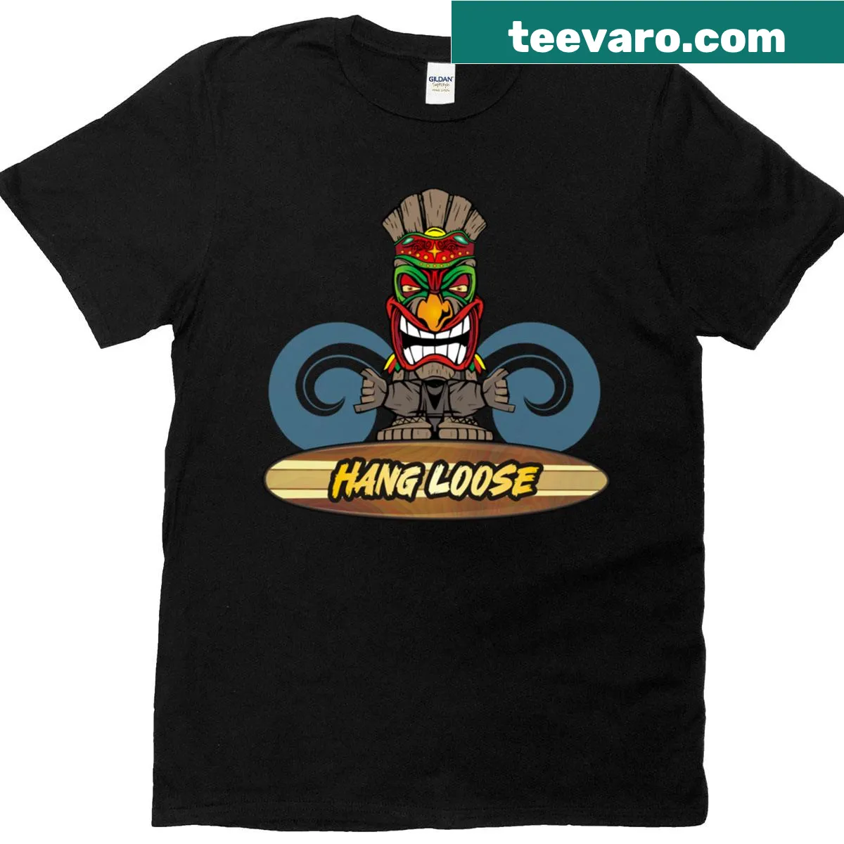 Surf T-shirt featuring tiki design and shaka hand gesture — on a men's t-shirt