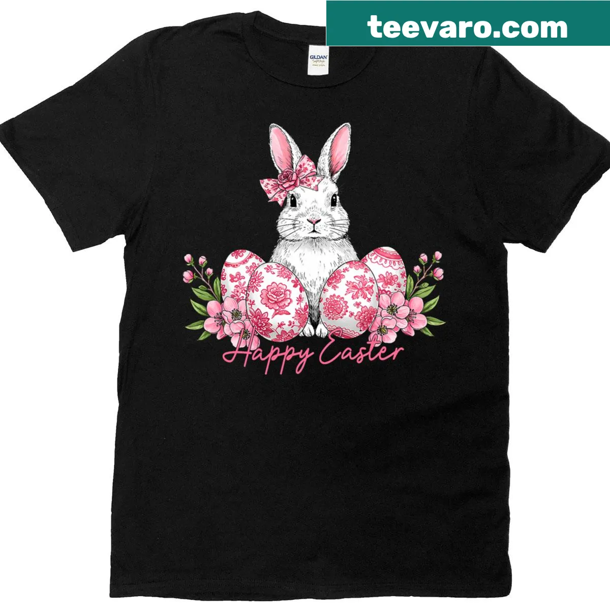 Chinoiserie eggs and floral design with bunny on an Easter tee — on a men's t-shirt