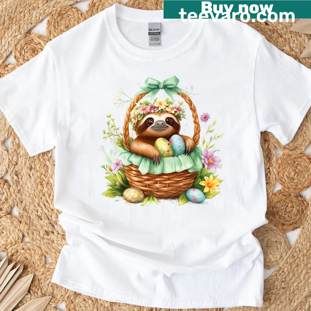 Whimsical Easter t-shirt with sloth in a basket — on a men's t-shirt