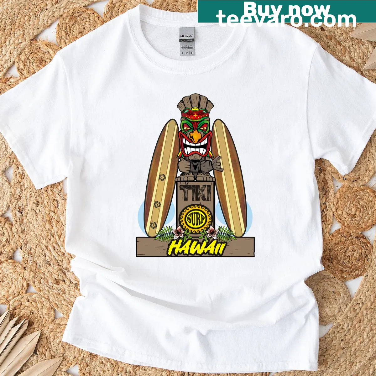 T-shirt with tiki totem illustration and shaka sign — on a men's t-shirt