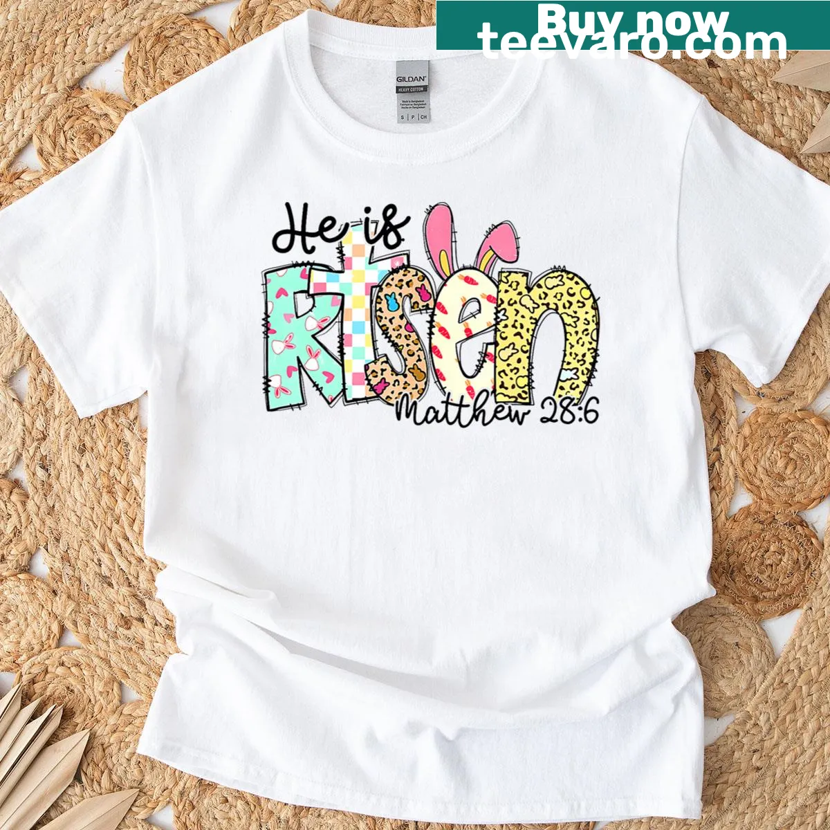 Happy Easter T-shirt for kids featuring 'He Is Risen' text — on a men's t-shirt