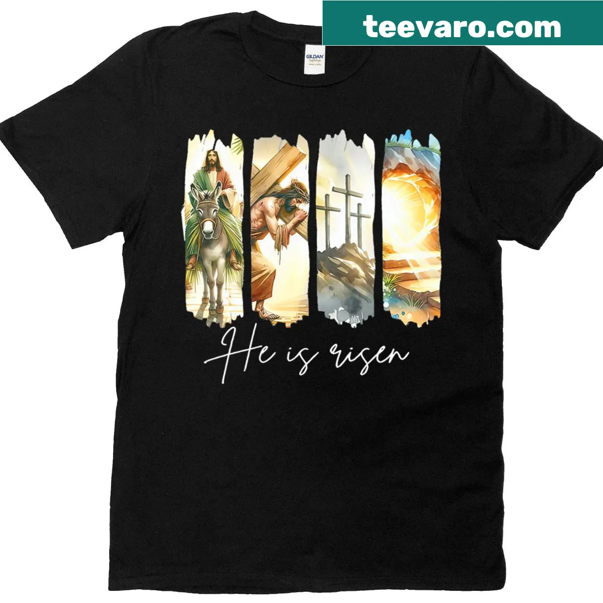 Joyful Easter T-shirt for girls with 'He Is Risen' graphic. — on a men's t-shirt