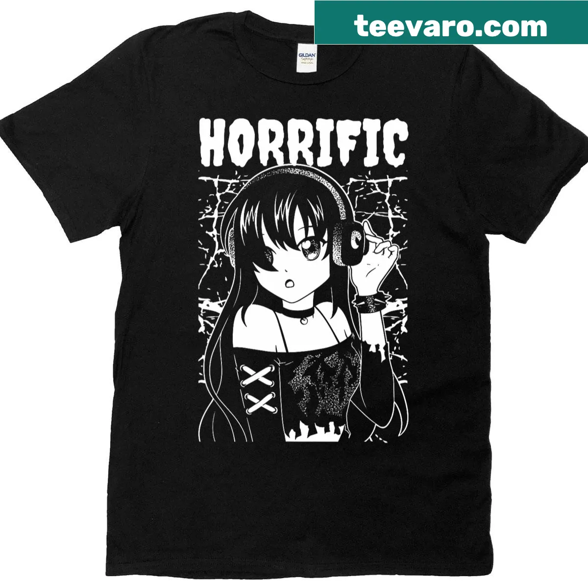 Anime girl graphic with dark humor on T-shirt — on a men's t-shirt