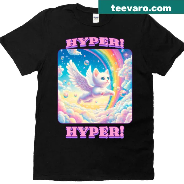 Playful kitten design t-shirt with Hyper! Hyper! text