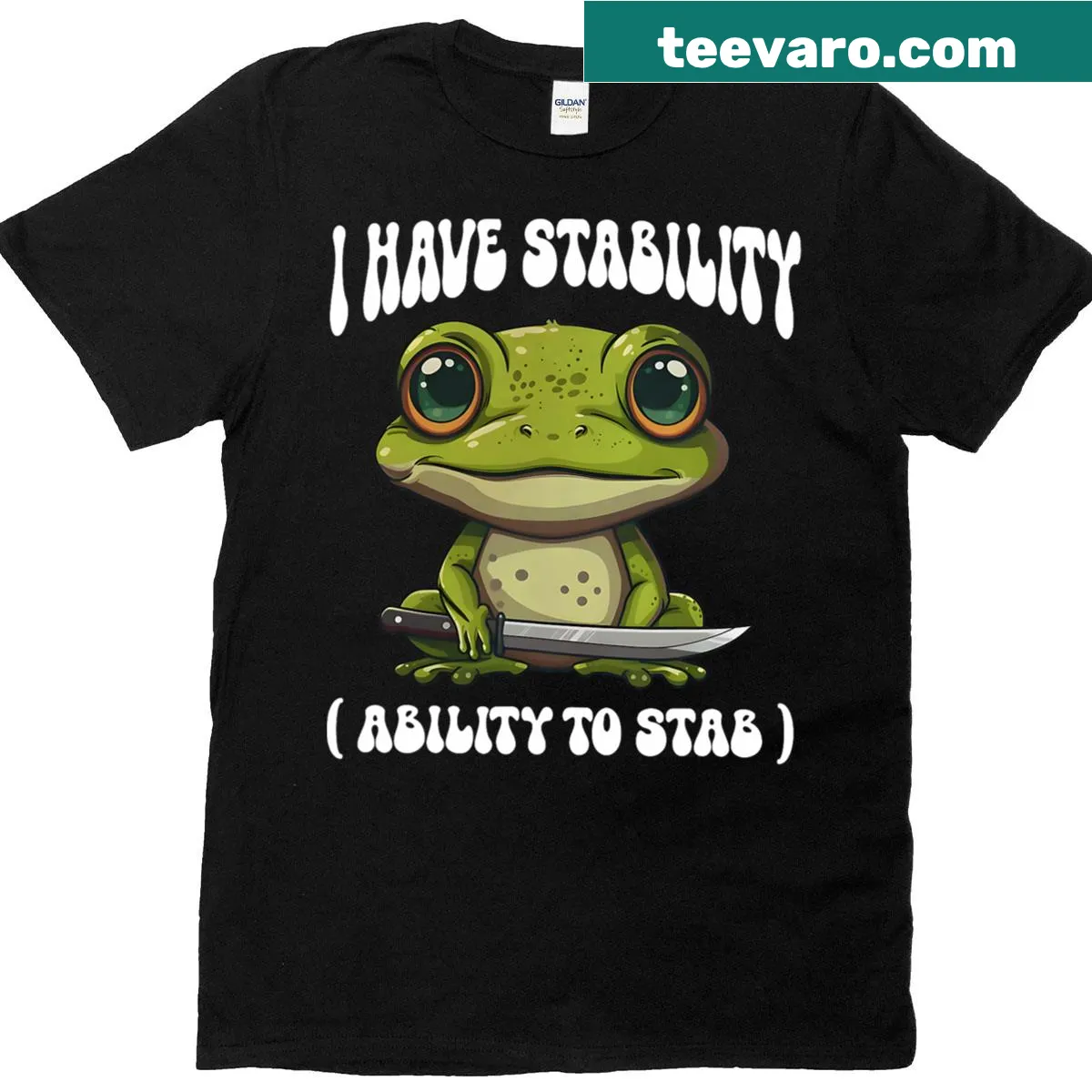 Funny frog meme T-shirt with a humorous stab joke — on a men's t-shirt