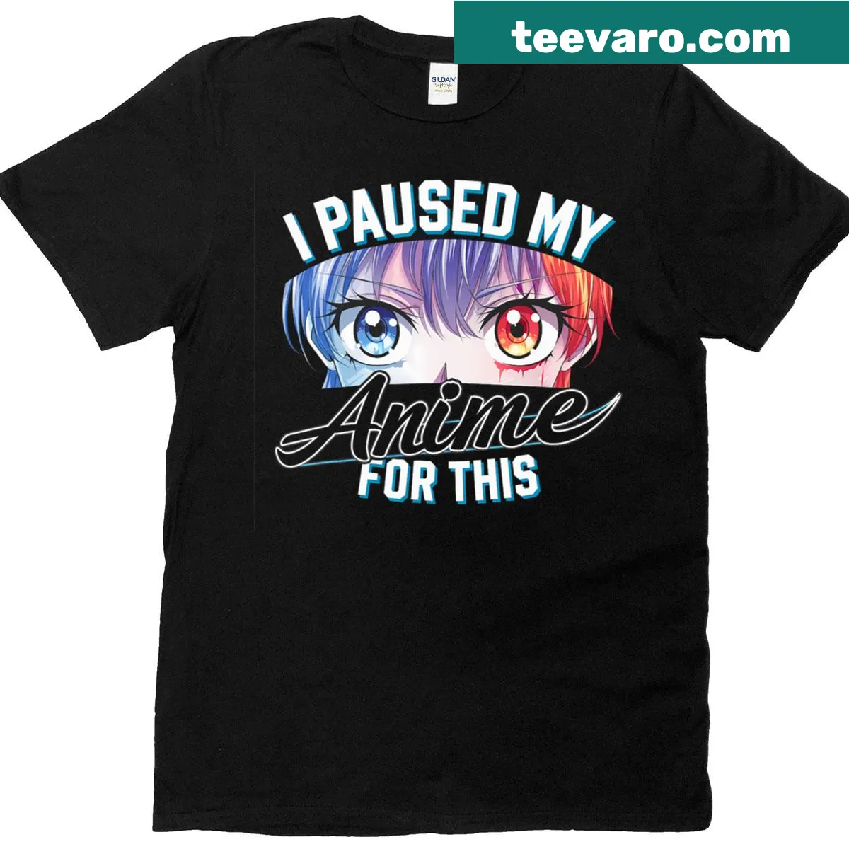 Kawaii t-shirt with anime eyes and 'I Paused My Anime' text — on a men's t-shirt