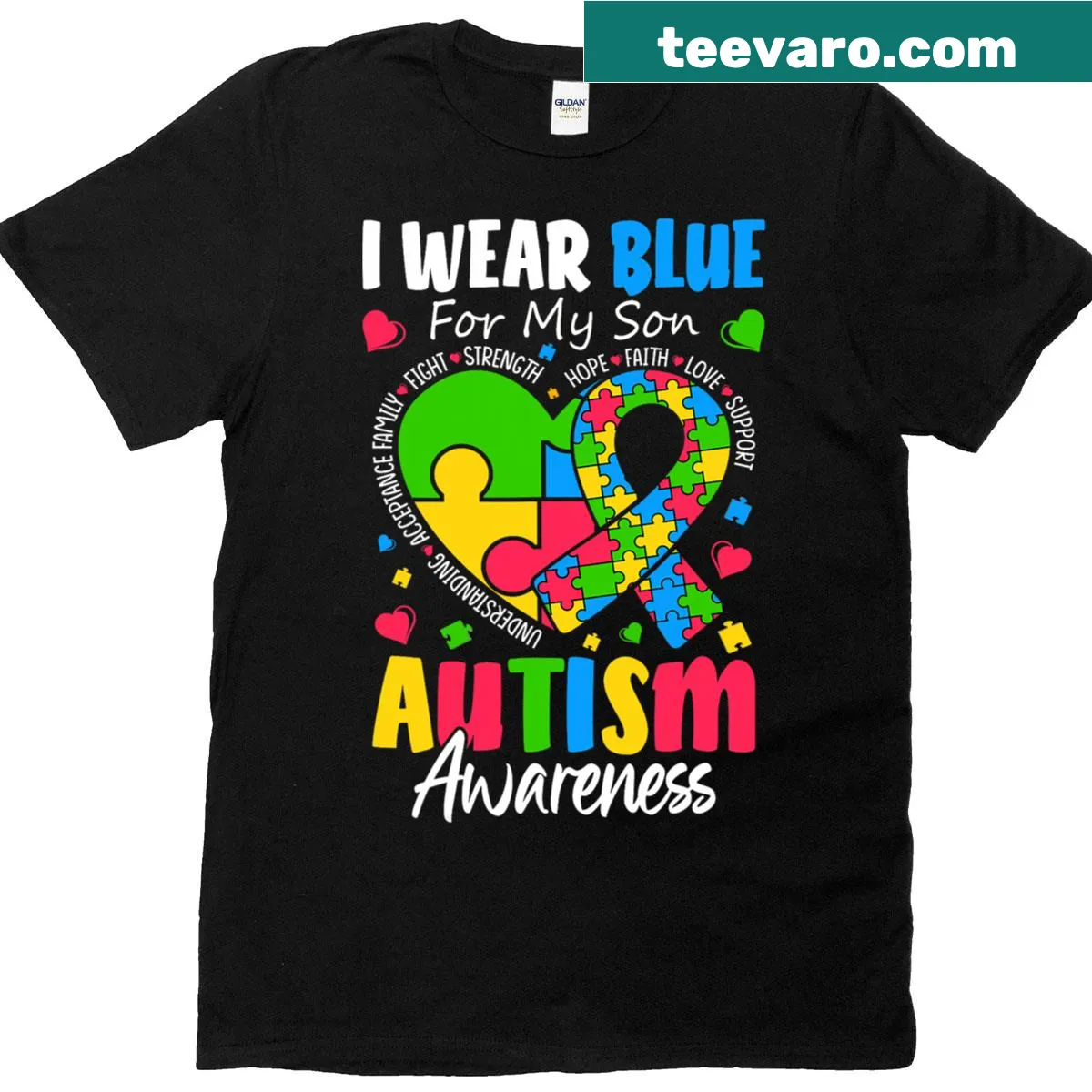Blue autism awareness t-shirt with text for my son — on a men's t-shirt