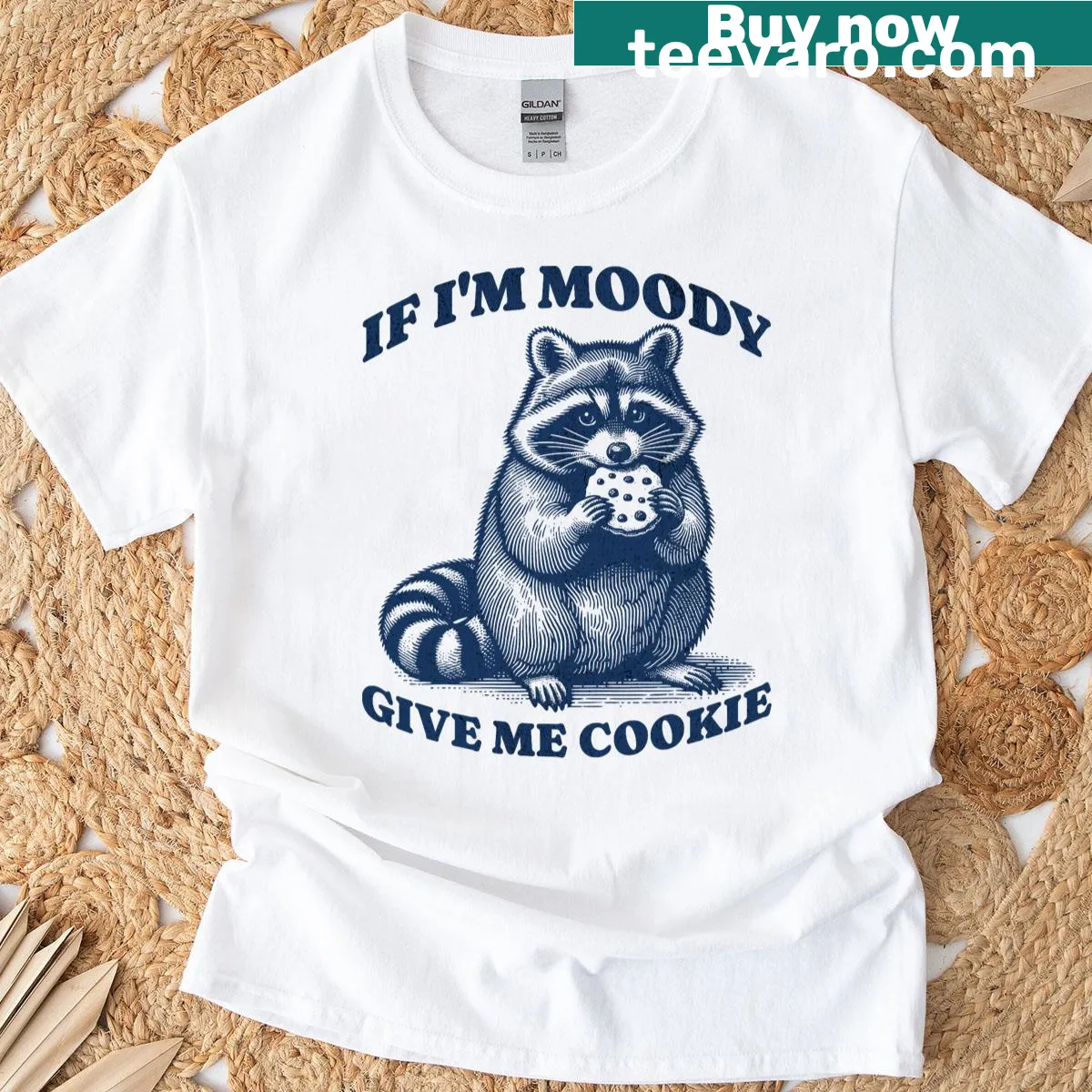 Funny t-shirt with raccoon graphic and 'If I'm Moody Give Me Cookie' text — on a men's t-shirt