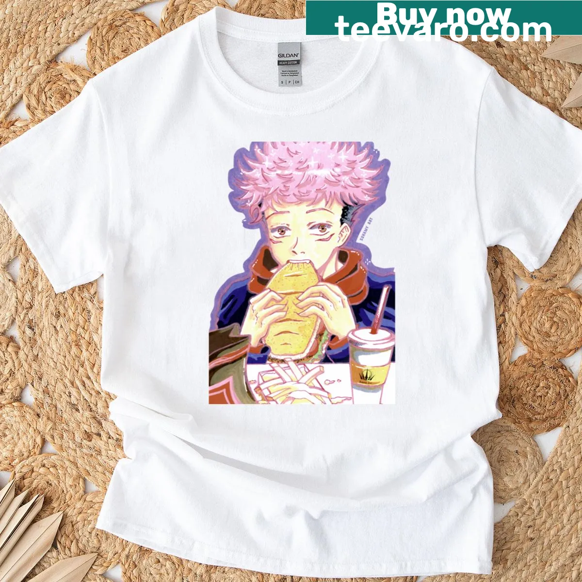 Anime t-shirt featuring Itadori eating — on a men's t-shirt
