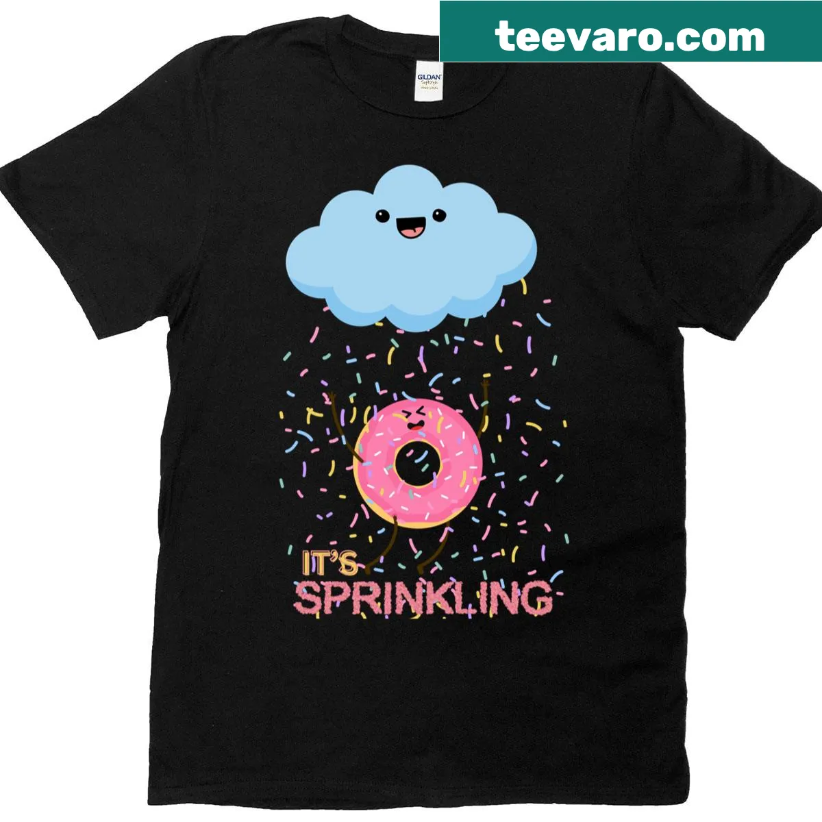 Illustrated t-shirt featuring donuts with sprinkles falling from above — on a men's t-shirt