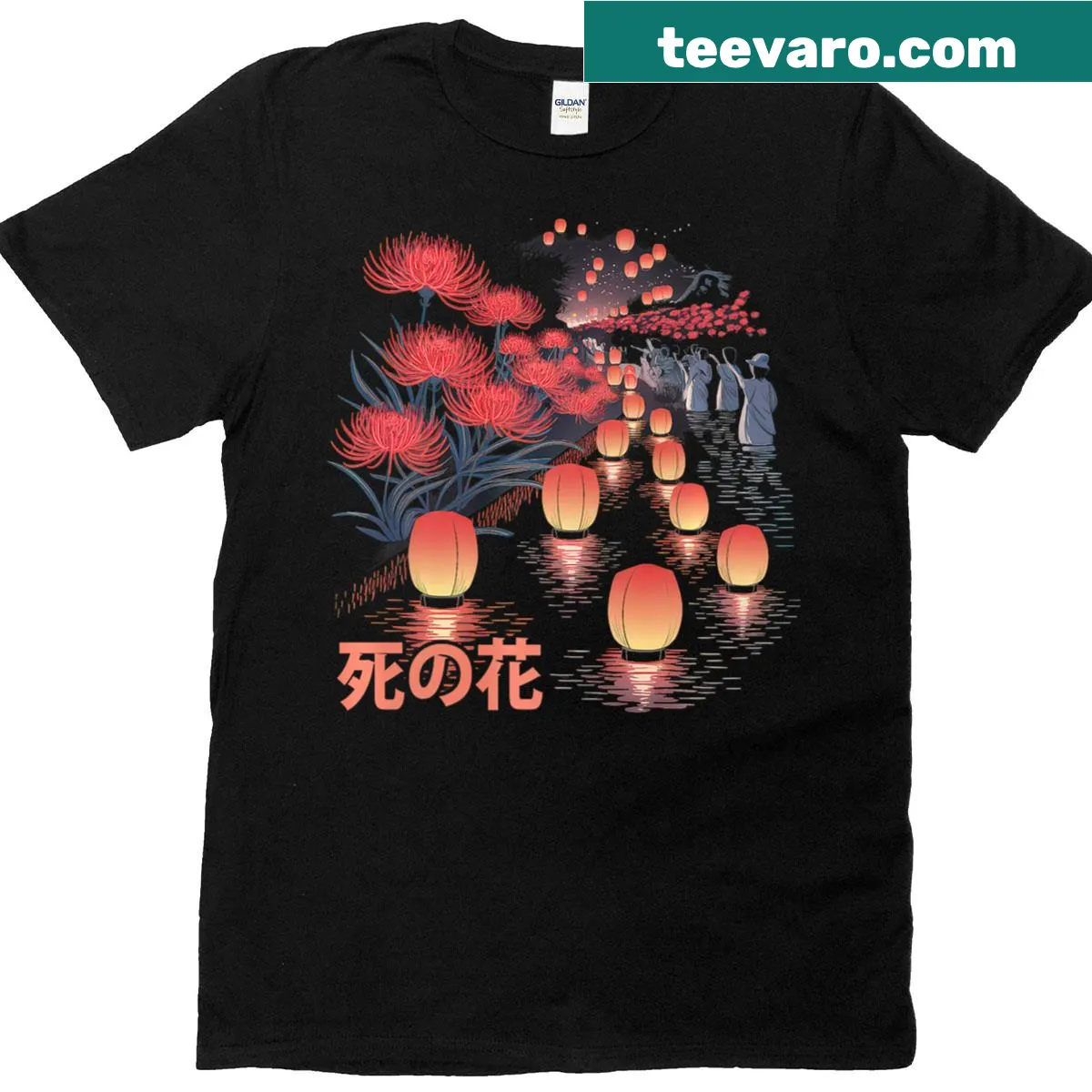 Illustrated t-shirt featuring Japanese Spider Lily flowers in an anime aesthetic — on a men's t-shirt