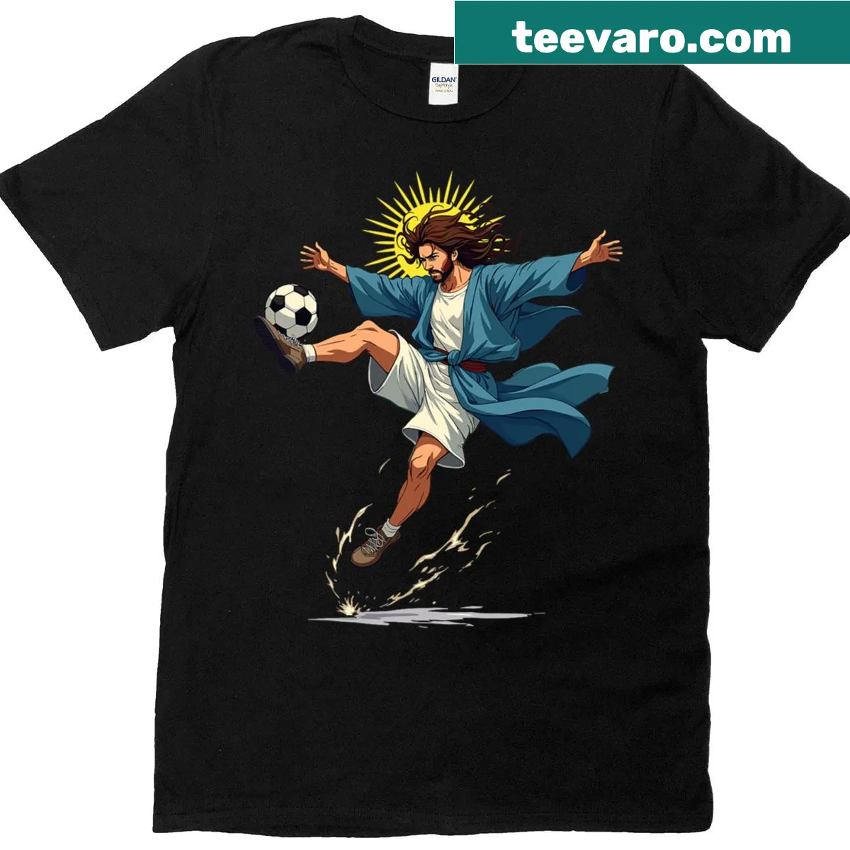 Easter t-shirt with funny Jesus soccer kick graphic — on a men's t-shirt