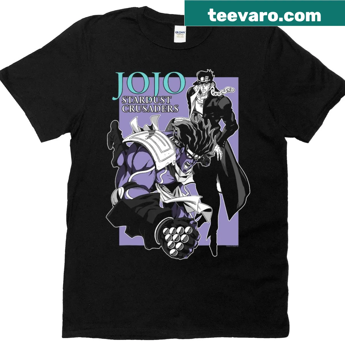 Anime T-shirt featuring characters from Jojo's Bizarre Adventure Stardust Crusaders — on a men's t-shirt