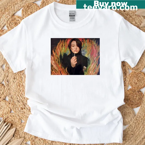 Illustration of Jungkook surrounded by flames on a t-shirt