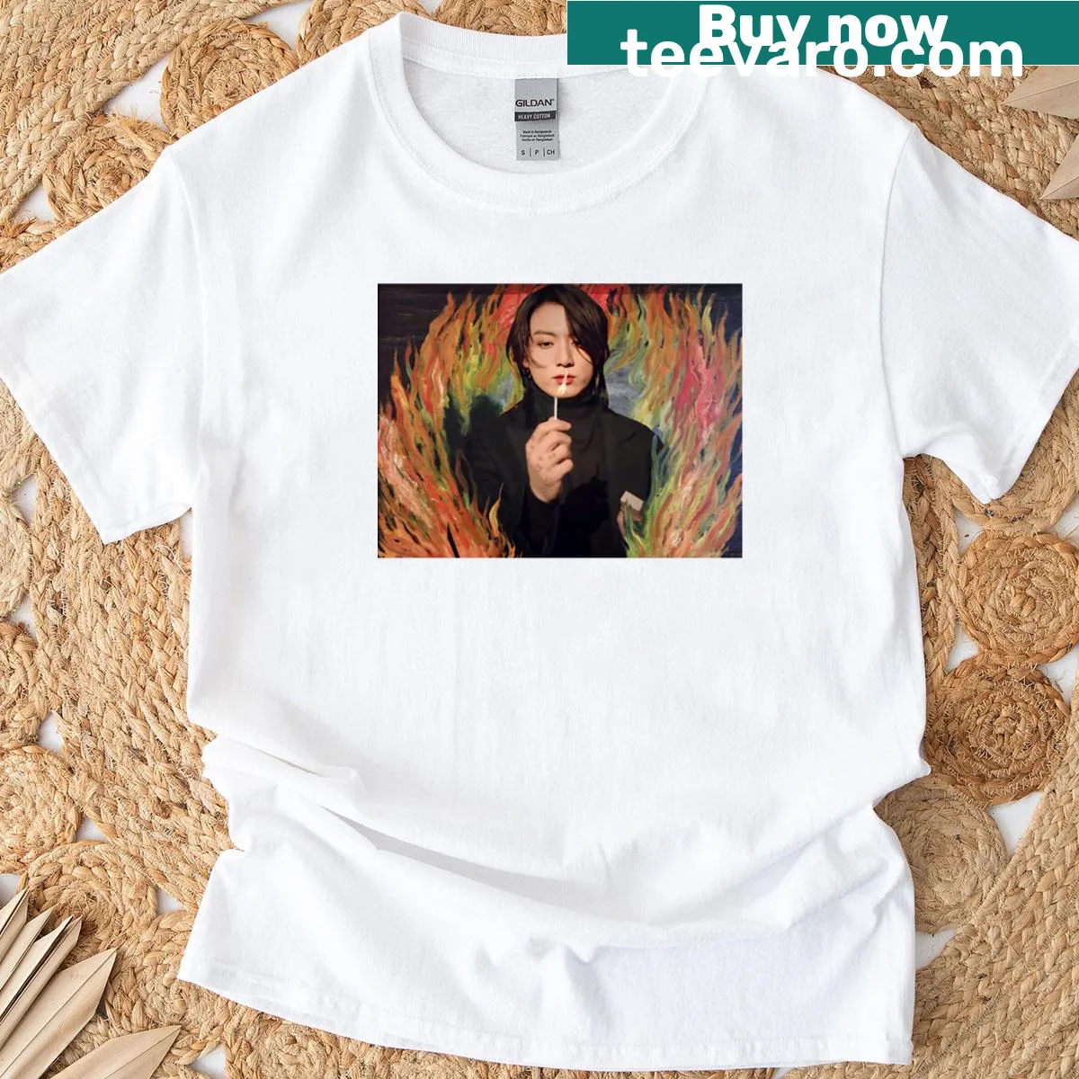 Illustration of Jungkook surrounded by flames on a t-shirt — on a men's t-shirt