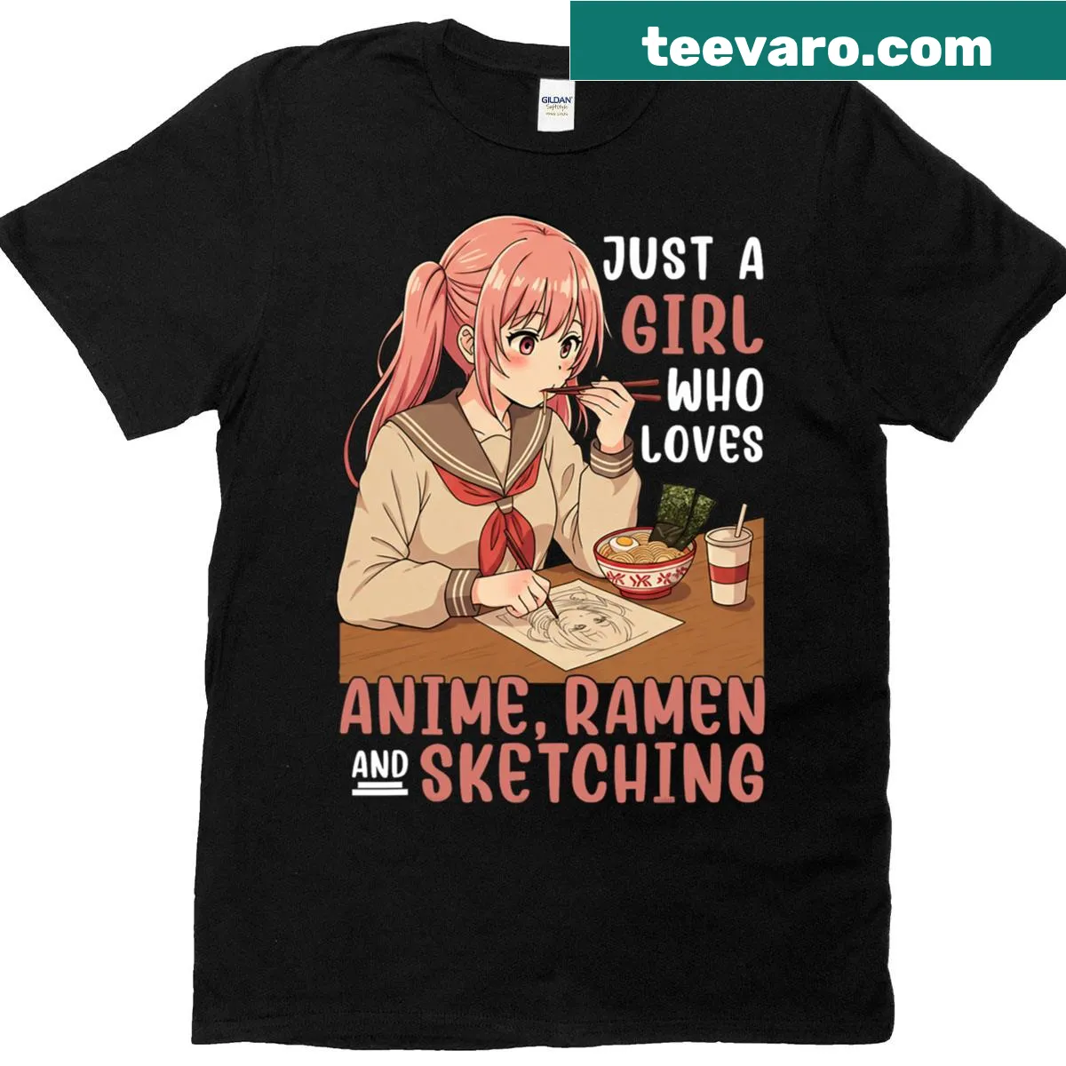 Text design celebrating anime, ramen, and sketching — on a men's t-shirt
