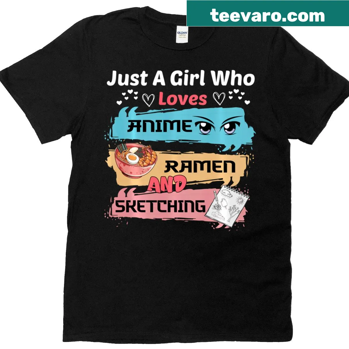Text design celebrating kawaii anime and sketching — on a men's t-shirt