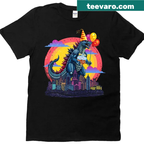 Kaiju-themed birthday t-shirt with balloons and cake design