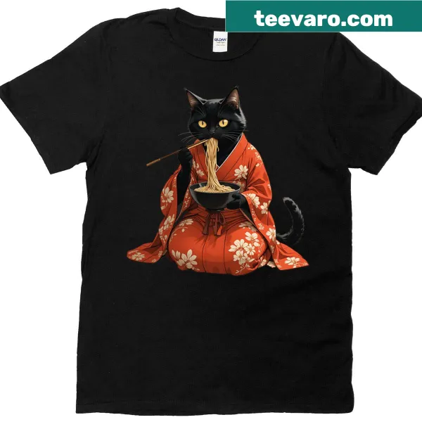 Kawaii cat graphic T-shirt featuring a cat eating ramen for kids