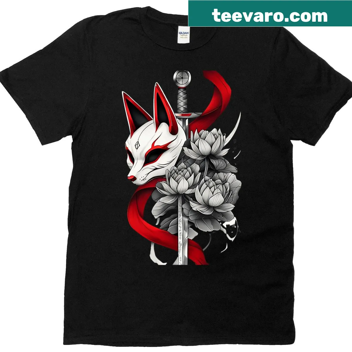 Anime-inspired T-shirt showcasing a detailed Kitsune mask design. — on a men's t-shirt