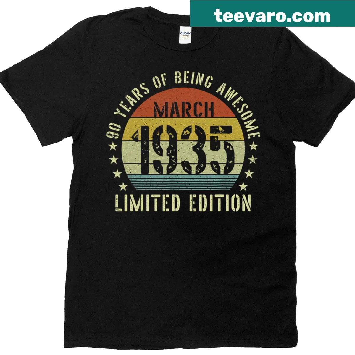 90th birthday T-shirt featuring 'Legend 1935' in bold typography. — on a men's t-shirt